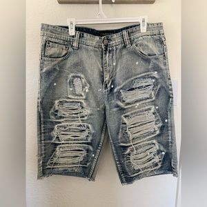 MENS DISTRESSED PAINT SPLATTERED DENIM SHORTS